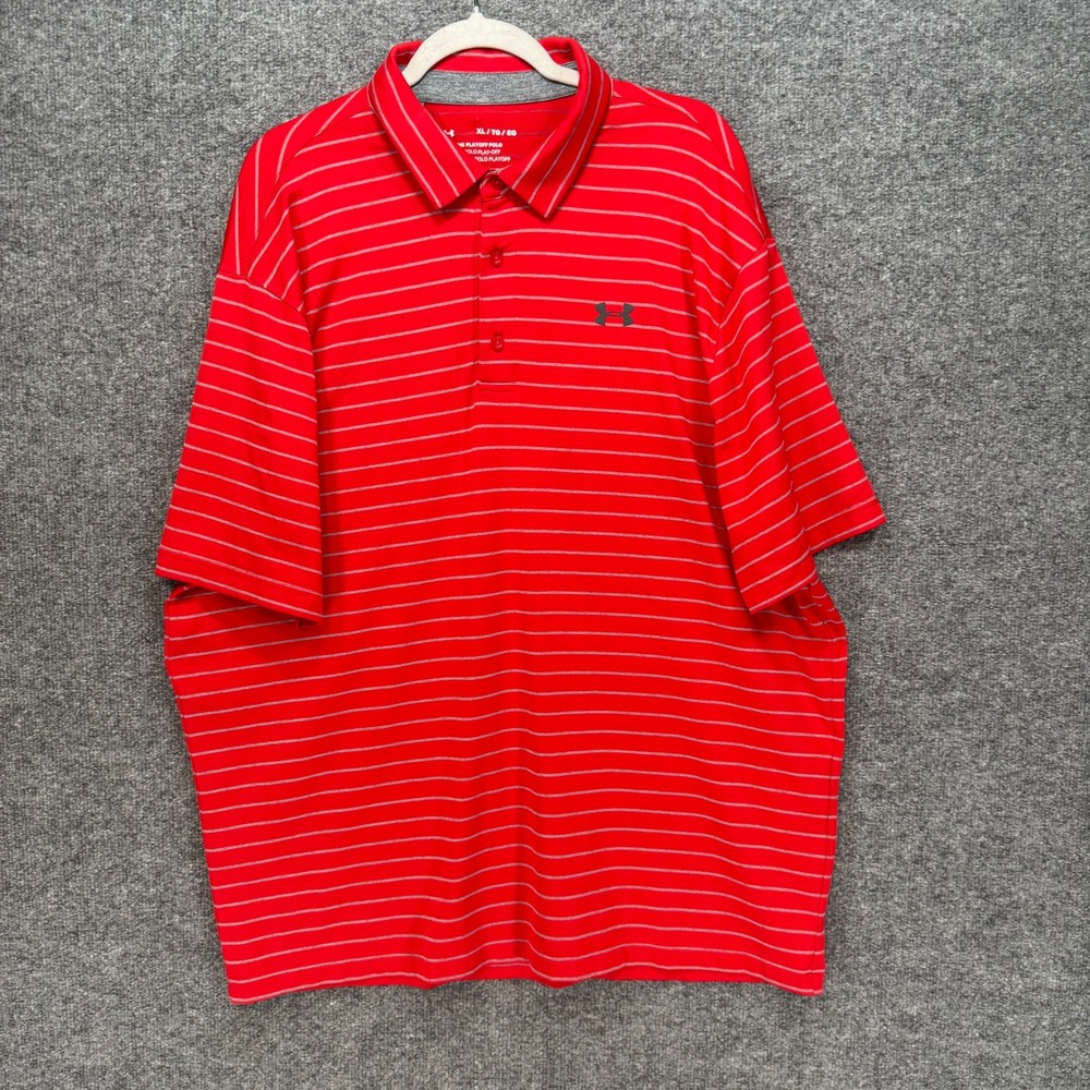 Under‎ Armour Playoff Polo Mens XL Red Striped Short Sleeve Golf Athletic Shirt